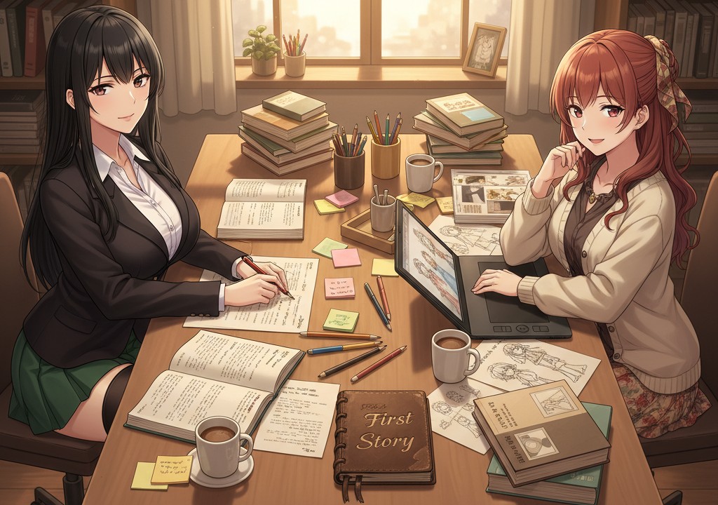 創作ユニット星樹綺譚の制作風景。捺泉里伽子と七野葉奈々が机を囲み、原作者・桐代音若と共に物語を生み出している様子